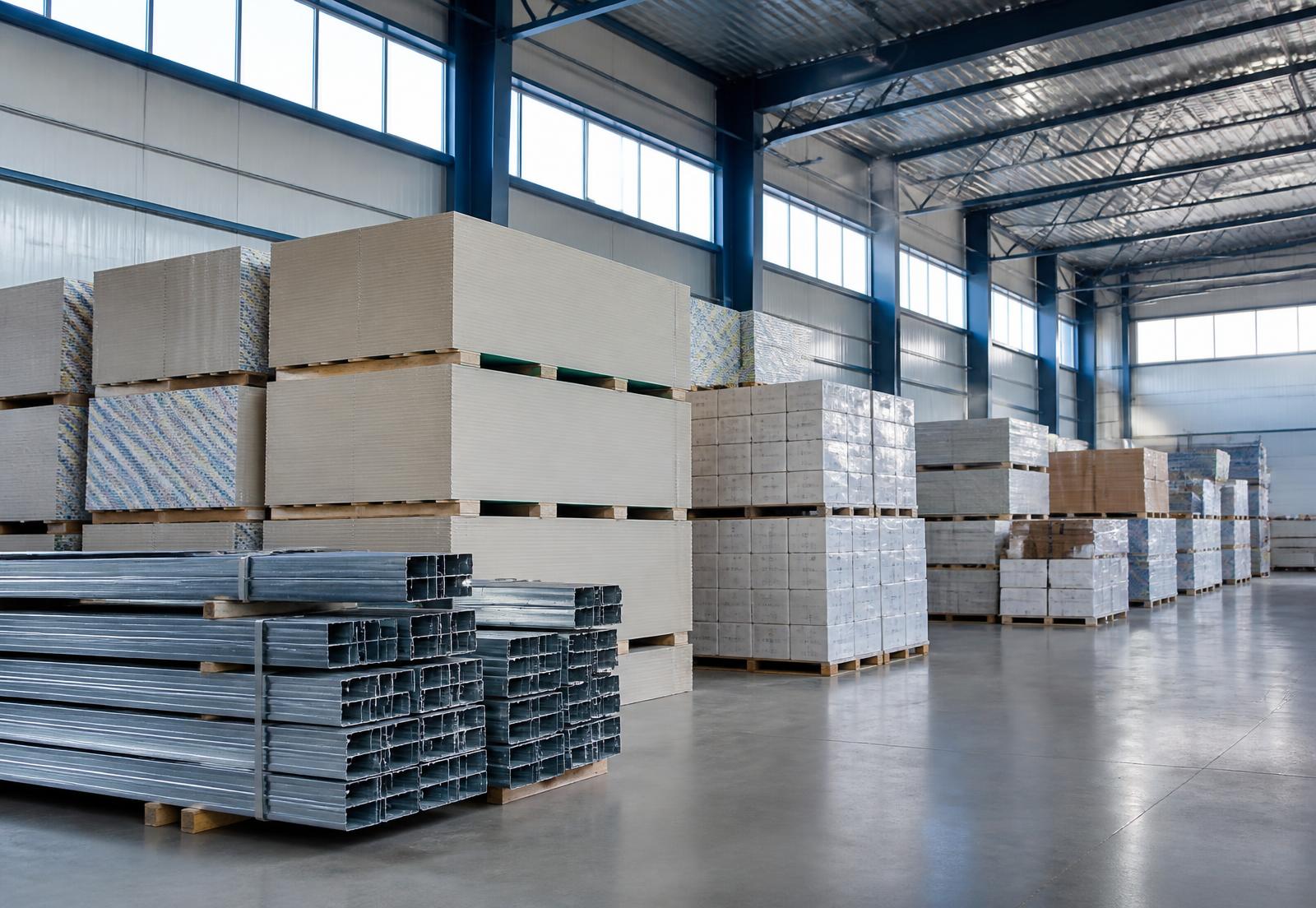 Commercial construction warehouse stacked with surplus drywall, ceiling tile and steel framing